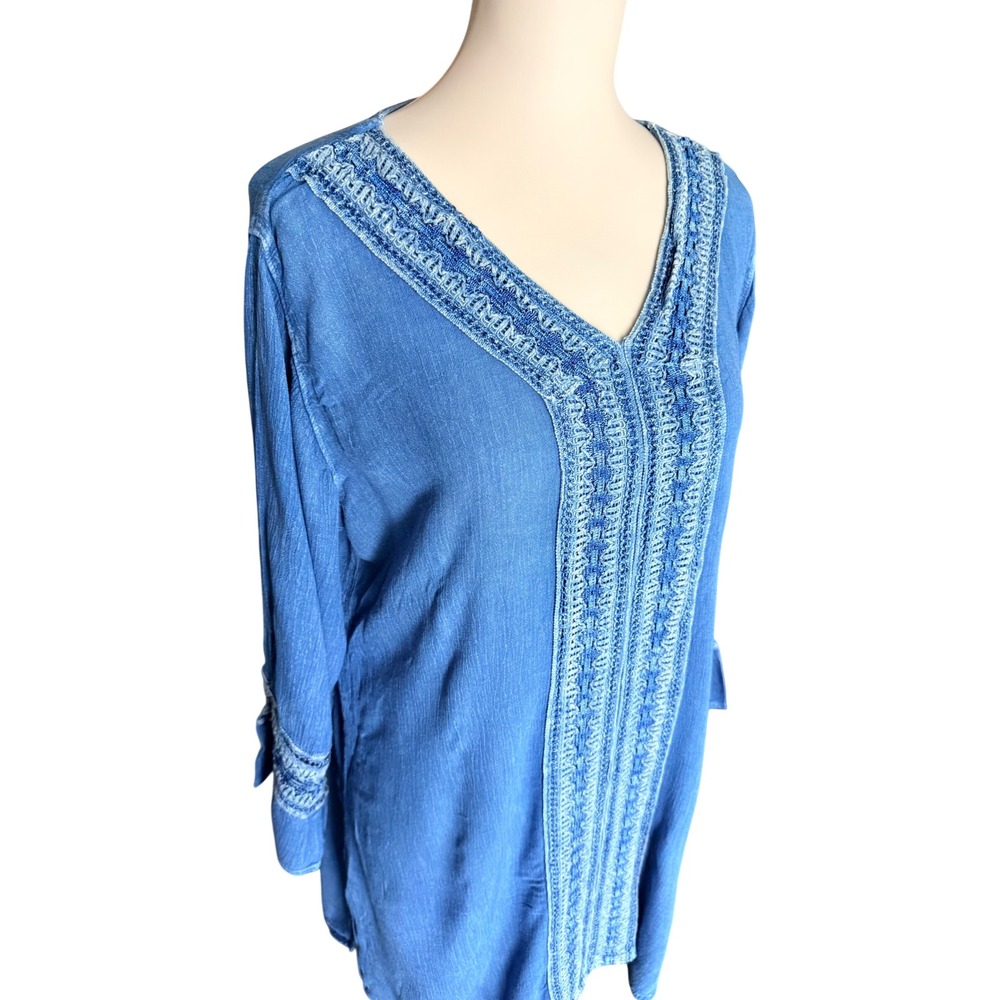 Raya Sun Womens Blue Embroidered V-Neck Tunic Top L/XL Boho Cotton Rayon - Picture 2 of 9